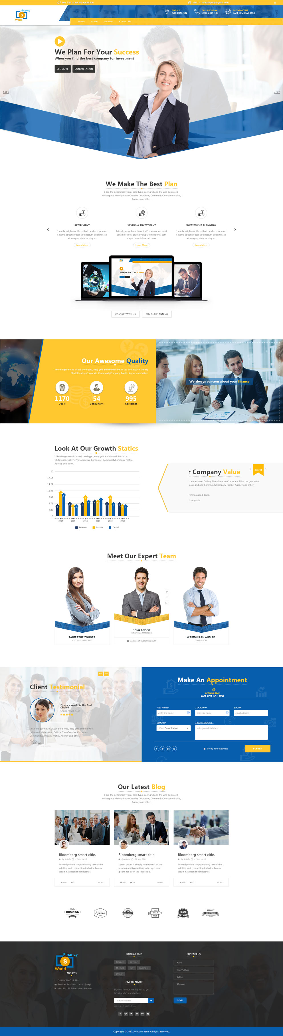  Bootstrap黄蓝色商务企业网站模板 - Financy world 